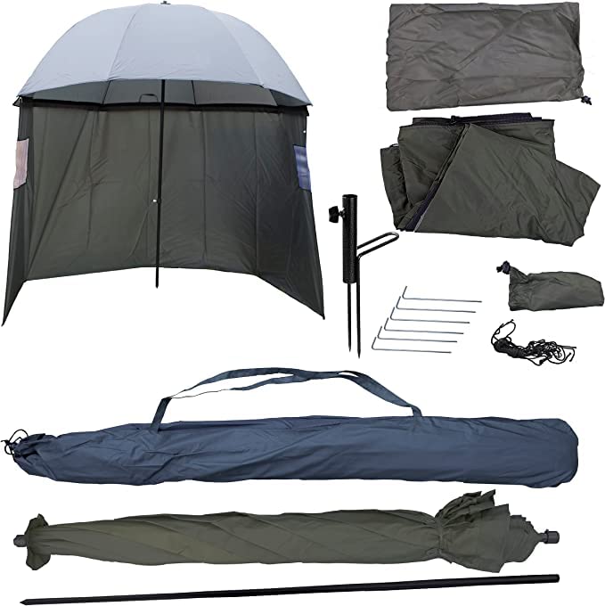 PHOENIX 91309 Paraguas de pesca Ø220 cm paraguas de pesca con capa, soporte y estacas de tierra, protección de la lluvia, el viento, el frío y los rayos UV, para 3 hombres y equipo, funda GRATIS