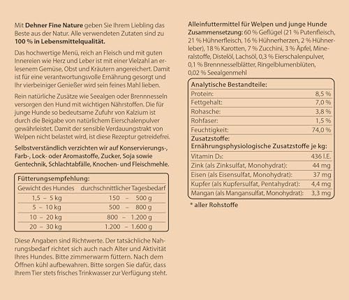 Dehner Fine Nature Hundefutter, Nassfutter in Lebensmittelqualität, für Welpen und junge Hunde, Geflügel, 6 x 200 g Dose (1.2 kg)
