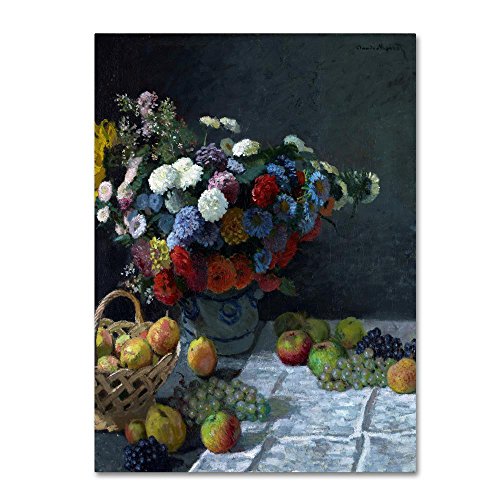 Wrapped Canvas Wall Art - Monet 'Still Life With Flowers And Fruit' Wall Art for Living Room, Bedroom, or Office Décor - 14x19 by Trademark Fine Art - Used condition - US$41.29