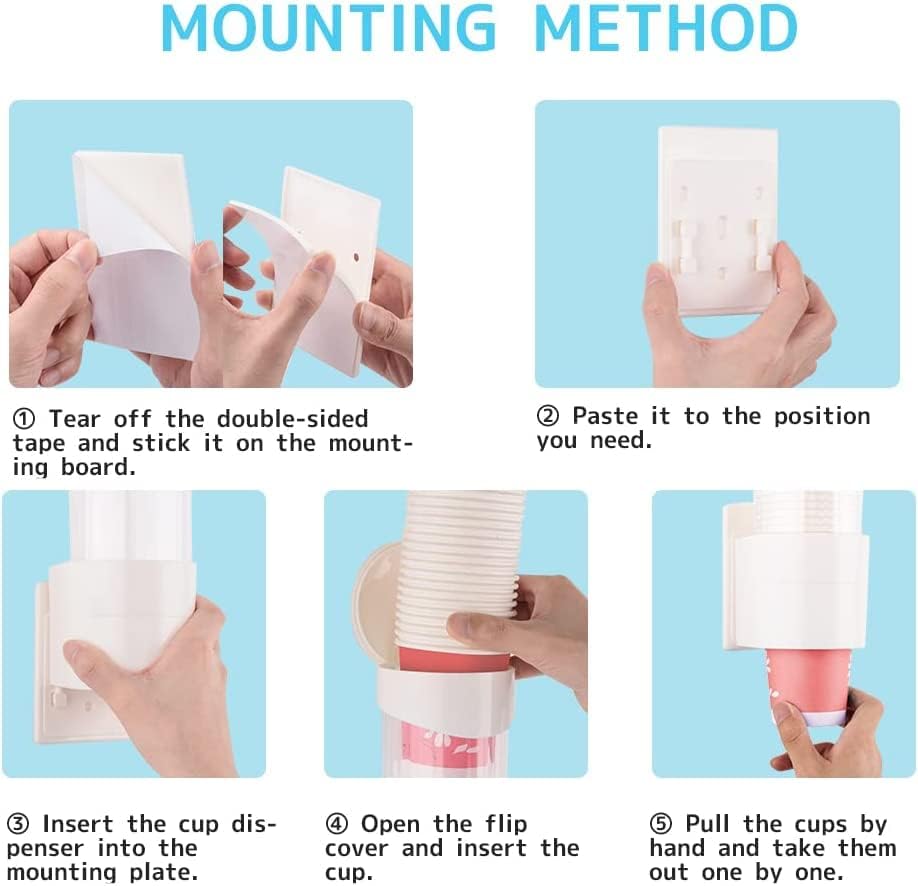 Image of Paper Cup Dispenser Holder | Wall Mounted Plastic Drinking Water Cup Dispenser | Glass Dispenser Holder | Disposable Cup Holder Organizer | Sticker or Screw Plate Mountable, Plastic