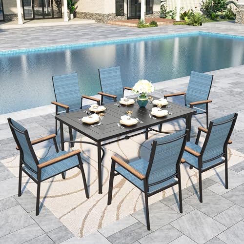 Image of Sophia & William Outdoor Dining Set 7 Pieces, 6 x Aluminum Patio Dining Chairs and Large 64 inch Metal Dining Table, Space-Saving and Lightweight for Patio Lawn Garden (Blue)