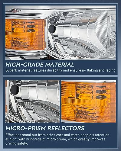 Image of Nilight Headlight Assembly for 2014 2015 Chevy Silverado 1500 Pickup Truck | Replacement Headlamp Chrome Housing Amber Reflector Driver and Passenger Side