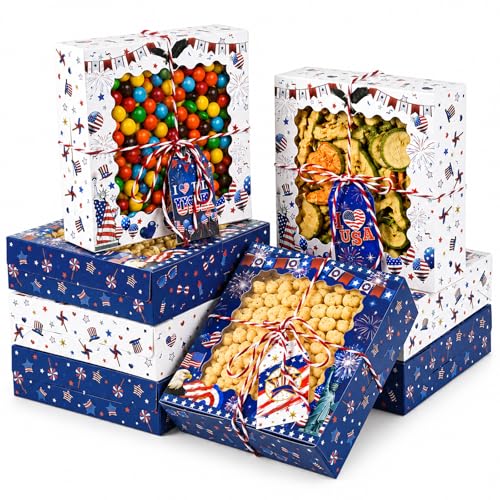 FCKLVMC 12 Pcs 7 X 7 In 4th Of July Treat Boxes with Window, Fourth Of July Gift Goodie Boxs with Card for Veterans Day Memorial Usa National Patriotic Day Party