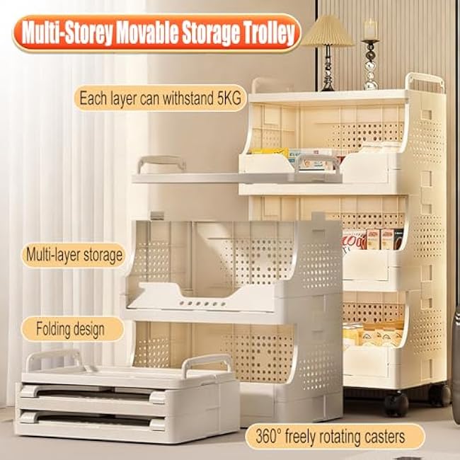2/3/4/5 Tier Rolling Cart Organizer, Snack Storage Cart, Mobile Storage Shelf with Lockable Caster Wheels, Multifunction Kitchen Storage Organizer, for Livingroom, Office & Narrow Places (4-Tier)-UobOwTtg