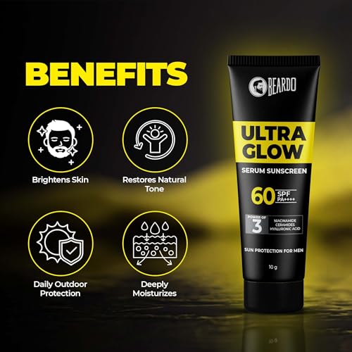 Image of Beardo Ultra Glow Serum Sunscreen SPF 60+ PA++++| UVA /UVB Protection | No White Cast | Ultra Lightweight 3 in 1 with Niacinamide, Ceramides & Hyaluronic Acid | Non-Greasy | Designed for Men | 10g