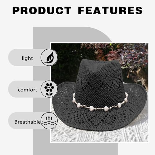 Image of Straw Cowboy Hats for Women Sparkly Western Cowgirl Hat for Holiday Party Foldable Vacation Beach Sun Hat with Wide Brim
