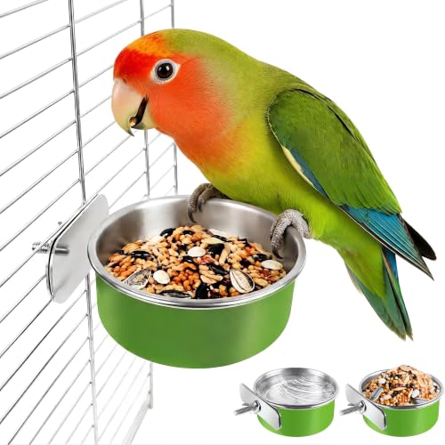 Bird Cage Bowls for Parakeets (2 Pack) - Stainless Steel Food & Water Feeder Cups with Clamp Holder Hanging Feeder for Budgies Canary Conures Lovebirds Squirrel & Small Animals