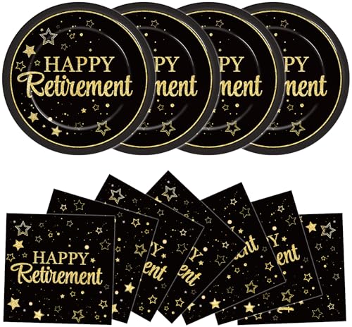 48Pcs Happy Retirement Paper Plates and Napkins Retirement Party Decorations Farewell Black and Gold Party Supplies Disposable Dinnerware Dessert Plates for Birthday Graduation Women Men Serves 24