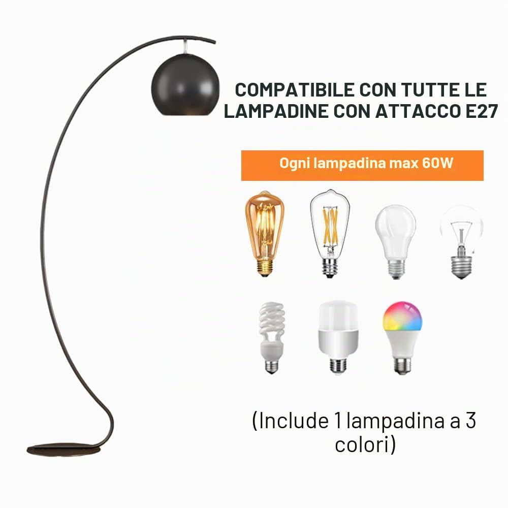 Lampada da terra ad arco nordico Lampada da terra per soggiorno Lampade da terra in ferro nero Lampada alta per camera da letto E27 con lampadina Paralume regolabile Lampada standard moderna