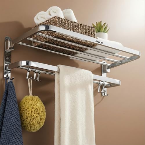 Image of ARQUIN Dual Folding Towel Rack for Bathroom | 304 Grade Stainless Steel Towel Stand for Bathroom | 24 Inch Wall Mounted Dual Folding Towel Holder Shelf | Cloth Hanger for Bathroom Chrome