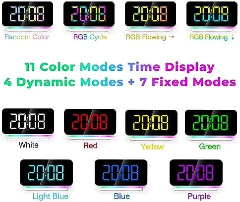 SZELAM Digital Alarm Clock,RGB Alarm Clock Bedside,7.4"LED Mirror Clock with USB Charging Port,10 Modes RGB Night Light,11 Colors LED Display,Auto Dimming,5 Levels Volume Desk Clock for Bedroom Decor