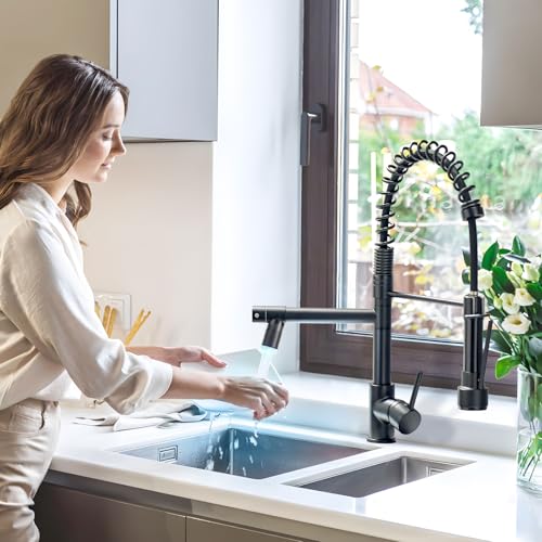 Image of AIMADI Kitchen Faucet,Black Kitchen Faucet,Commercial Pull Down Sprayer | Single Handle Single Hole Spring Kitchen Sink Faucet,Matte Black