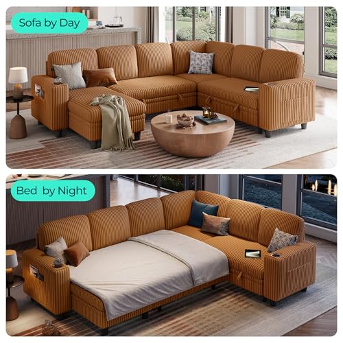 Image of LINSY HOME Sectional Sleeper Sofa with Pull Out Couch Bed - Convertible Plush Corduroy Cloud Couch with Storage Chaise & USB Charging, Comfy Modular Couches for Living Room, Brown