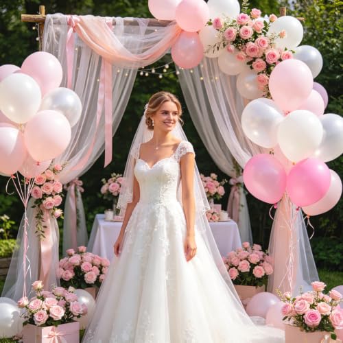 Image of Pink and White Balloons 12 inch 50Pcs Pearl Light Pink Balloons for Wedding Bridal Baby Shower Birthday Party Decorations