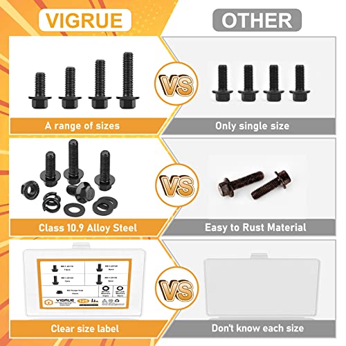Image of VIGRUE 200Pcs M6-1.0 x 12 /16 /20 /25 /30mm Flanged Hex Head Bolts Serrated Flange Nuts Washers Assorment, Black Metric Nut and Bolt Kit, Class 10.9 Alloy Steel