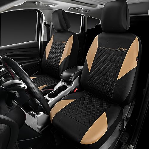 Image of CAR PASS Quilting Leather Front Seat Covers, Automotive Waterproof Deluxe PU Premium Vinyl Luxury Two Front Seats Only Universal Fit for Cars Sedans SUVs Airbag Compatible,2 Pieces,Black&Beige