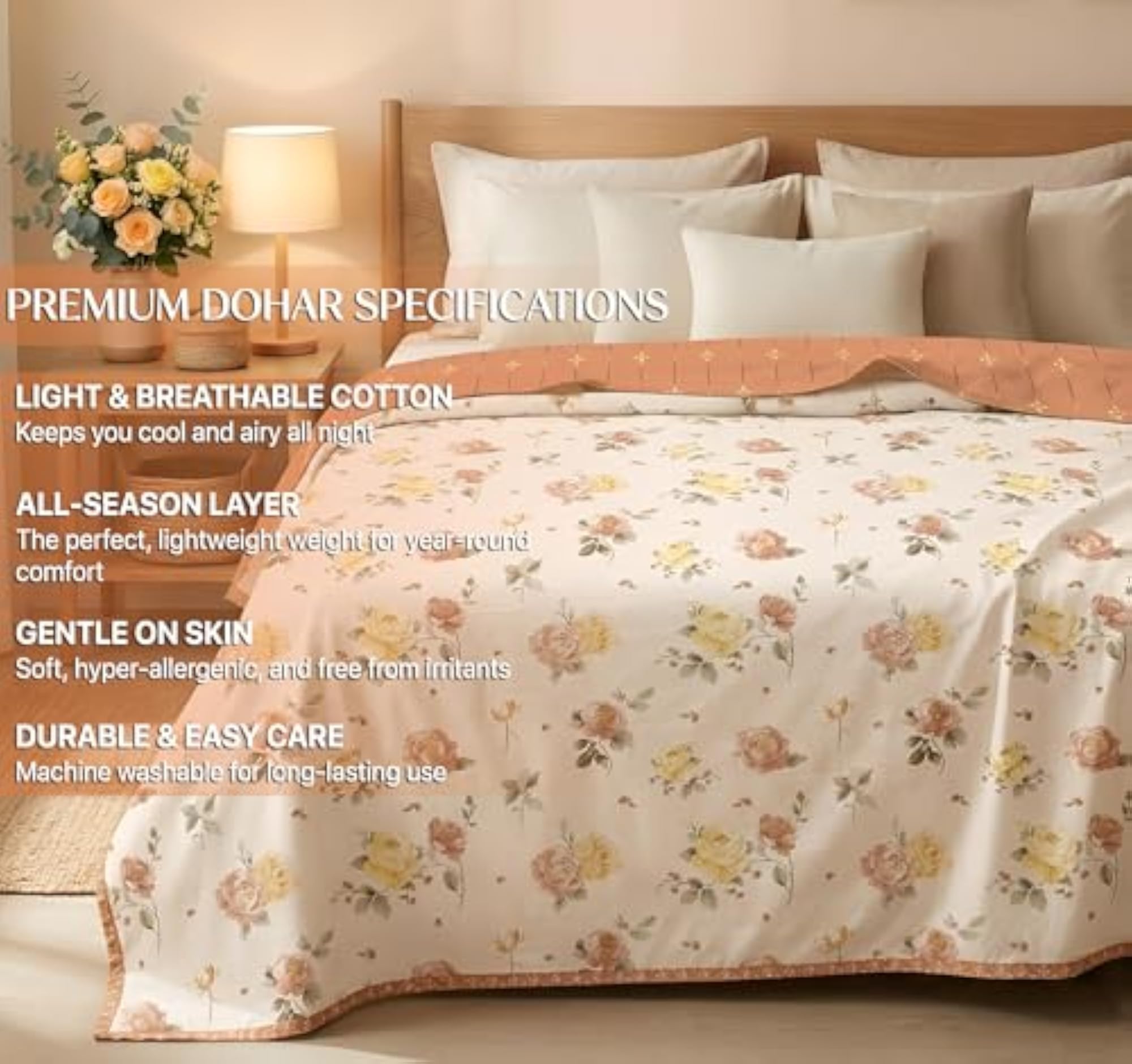 Premium Cotton Reversible Double Bed Dohar, Floral Printed Design