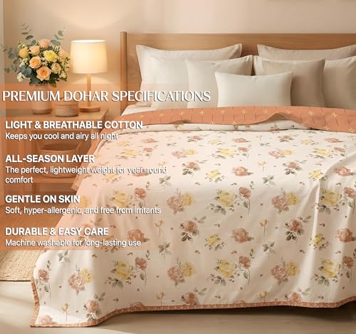 Image of BSB HOME 280 GSM Reversible Dohar for Double Bed, Ultra Soft AC Blanket, Lightweight All Season Summer Quilt, Breathable Blanket, Skin Friendly Dohar, 85 x 88 Inches (216 x 224 cm) - Botanical Cream