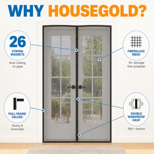 Image of Magnetic Closure Screen Door for 62 inchx81 inch French Door Sliding Door Pet and Dog Friendly, Durable Fiberglass Mesh Double Door Screen Mesh Retractable Curtain, Keep Bugs. Mosquito Out, Fly Screen
