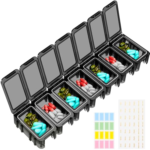 Tablettenbox 7 Tage, Handlicher Medikamentenbox Pillendose mit beliebiger Kombination, Schwarz, Wasserdicht mit Silikonstreifen - für Medikamente und Vitamine