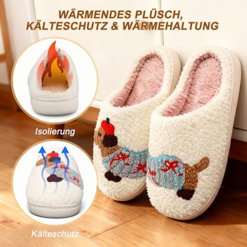 BEIUEN Warm Hausschuhe Damen,Winter Plüsch Pantoffeln,Weiche flache Hausschuhe Rutschfest für drinnen und draußen,Geschenk für Damen,Geschenk für Weihnachten & Halloween(Dackel,EU37-38