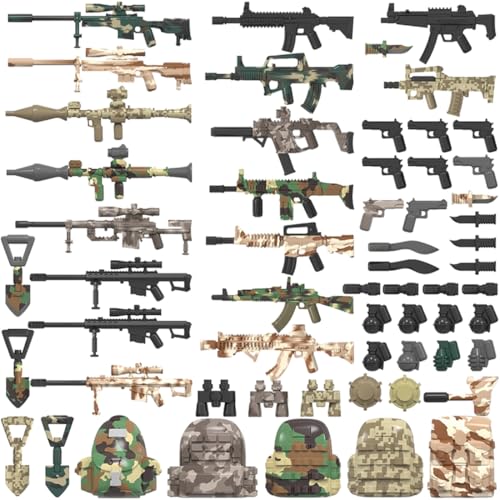 MetaHrystynx Lot de 59 blocs de construction pour armes militaires, comprenant des pistolets, des pelles, des grenades à main, des jumelles, des sacs à dos...
