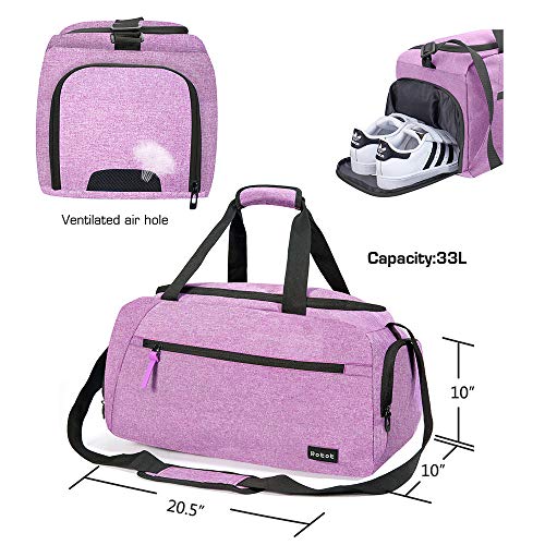 Rotot Sport Duffel Bag, Gym Bag with Waterproof Shoe Pouch, Weekend Travel Duffle Bag with a Water-resistant Insulated Wet Pocket Cooler (33L) (Purple)