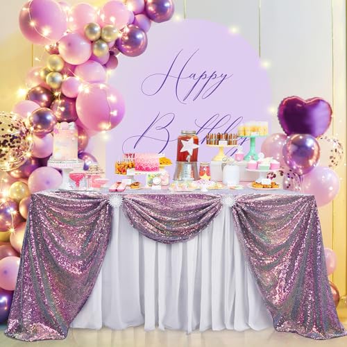 Image of B-COOL Rainbow Sequin Tablecloth Purple Sparkle Rectangle Table Cloth for Wedding Birthday Party Sequin Overlay Table Decoration 50x80 Inches