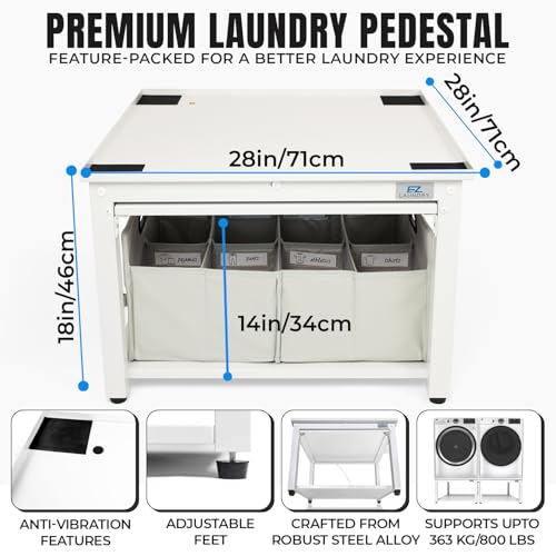 Image of Laundry Pedestal for Washer or Dryer with Drain Pan & Hose - 27 inchW, 18 inchH | Universal Fit 800 lbs Capacity Steel Stand With Pull Out Shelf for Back Pain Relief, Keeps Space Clean, All Brands Supported