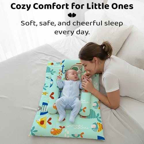 Image of StarAndDaisy Newborn Baby Bedding Nest Cushioned Mattress Sheet with 2 Side Bolster Pillows & 1 Head Pillow Breathable & Soft Boys & Girl Design.