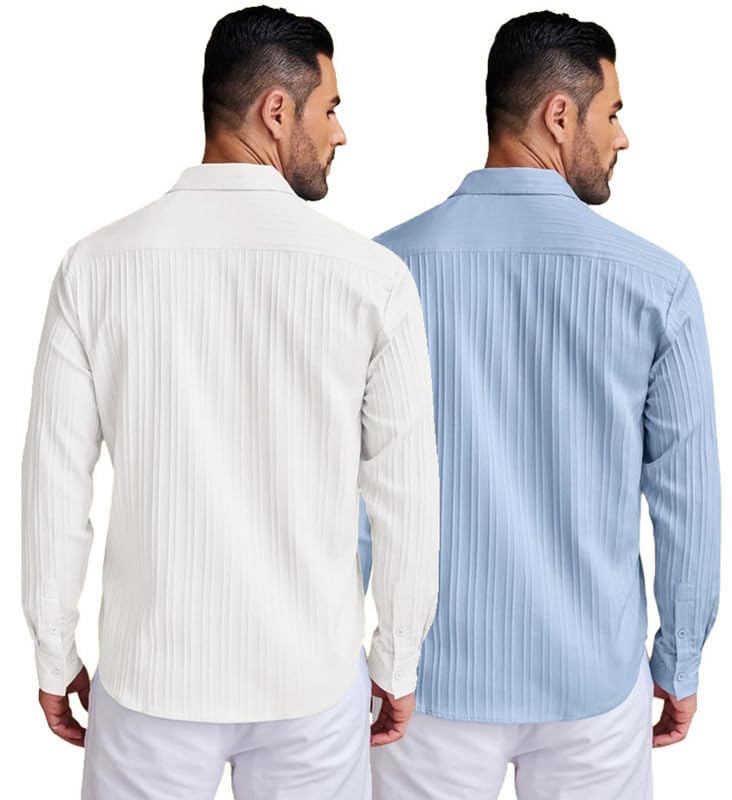 Image of DEELMO Combo of Men's Casual Button Down Shirts Long Sleeve Linen Shirt Fashion Textured Summer Shirts Pack of 2