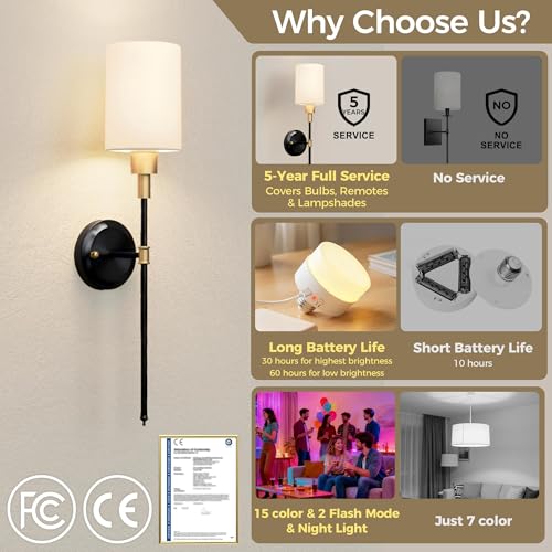 Image of DORESshop Battery Operated Wall Sconce Set of 2, Wireless Wall Light Easy to Install, 7 Color Rechargeable Wall Sconces, Sconce Wall Decor Set of 2 for Bedroom, Living Room, Gold and Black, 24.3in