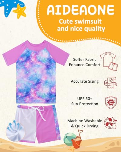 Image of AIDEAONE Girls Rash Guard Swimsuit Short Sleeve Two Piece Bathing Suit Size 3-12T
