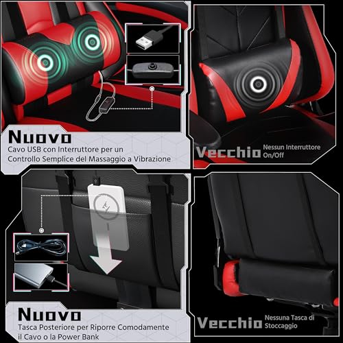 Sedia Gaming Ergonomica Massaggiante Reclinabile con Poggiapiedi Poggiatesta e Supporto Lombare Braccioli Imbottiti in Finta Pelle, Poltrona Gamer da Scrivania con Ruote Girevole Rosso - Sedia gaming - Immagine 5