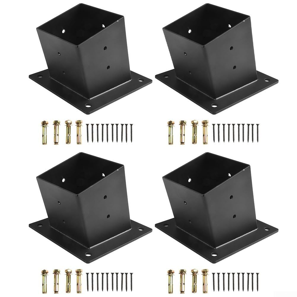 Soportes de pérgola inclinados resistentes para montaje en pared de acero negro para postes de 4 x 4 pulgadas con tornillos para jardín, cenador, porche, construcción, kit de soporte unidireccional (4