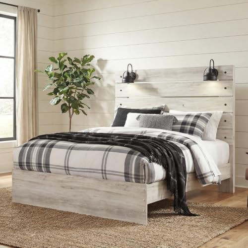 Image of Signature Design by Ashley Cambeck Queen Panel Bed Frame with Headboard, Built-in LED Lights and USB Ports, Engineered Wood and Decorative Laminate, for Master Bedroom or Guest Rooms, Whitewash