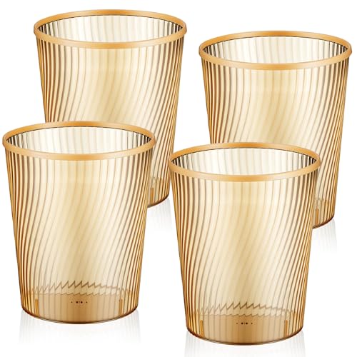 Image of Honeydak 4 Pack Gold Trash Can 3 Gallon Plastic Wastebasket Garbage Bin Round Translucent Lightly Threaded Large Capacity Modern 8.39 x 9.84 Inch for Bathroom Bedroom Kitchen Dorms Office Decorative
