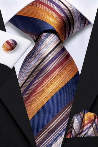 Image of Dubulle Mens Paisley Striped Tie Woven Necktie for Men and Handkerchief Cufflinks Set Wedding Formal Business