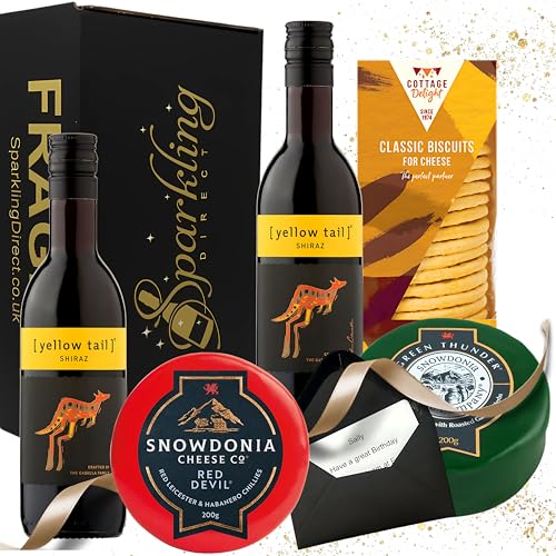 Red Wine and Cheese Gift Set 2 Mini Bottles of Australian Shiraz (187ml) with Snowdonia Cheese & Biscuits in a Black Hamper Box Luxury Food & Drink Gift for Any Occasion