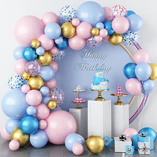 Luftballons Girlande Blau Rosa, 18/12/10/5/Zoll Metallic Blau Pink Gold Macaron Blauer Latexballon Metallic Konfetti Ballons Set mit Band für Hochzeit Geburtstag Party Dekoration Cover