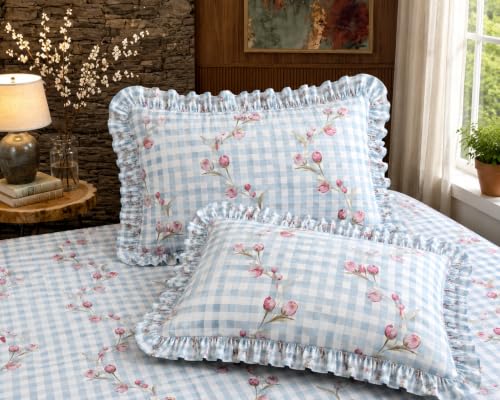 Image of Fitted Bedsheet Queen Size 300 TC Soft Cotton Feel Microfiber All Around Elastic Fitted Double Bedsheet with 2 Frill Pillow Covers | Size (60x78) Check Blue