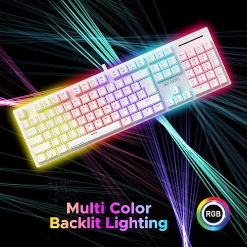 Image of Ant Esports MK3400 Pro V3 Mechanical RGB Gaming Keyboard, 104 Keys-Brown Switch, Multicolour Backlit, Anti-Ghosting, USB Wired, Media Keys, 12 LED Modes, for PC, Mac, Windows, Linux - White