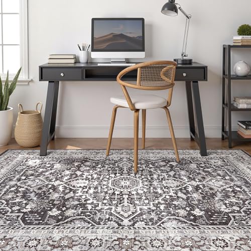 9x12 Area Rug Living Room: Washable Boho Large Vintage Moody Soft Rugs Distressed Oriental Stain Resistant Non-Slip Indoor Floor Carpet for Bedroom Playroom Office Dining Room Retro Home House- Black