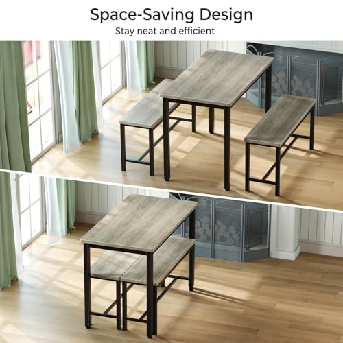 Tatub Dining Table Set for 4, 3-Piece Kitchen Table with 2 Benches, Space-Saving Dining Room Set for Breakfast Nook and Small Spaces, Grey - Thumbnail 3