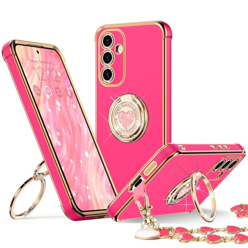 Image of XYZ for Samsung Galaxy S25 Plus Case with Stand, Phone Case with Double Ring Kickstand, Women Girls Bling Luxury Protective Case Heart for Galaxy S25 Plus 6.7'', Hot Pink