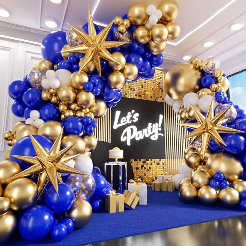 Royal Blue and Gold Balloon Garland Arch Kit Blue and Gold Party Decorations with White Balloons Confetti Latex Balloons for Anniversary Wedding New Year Graduation Birthday Party Decorations