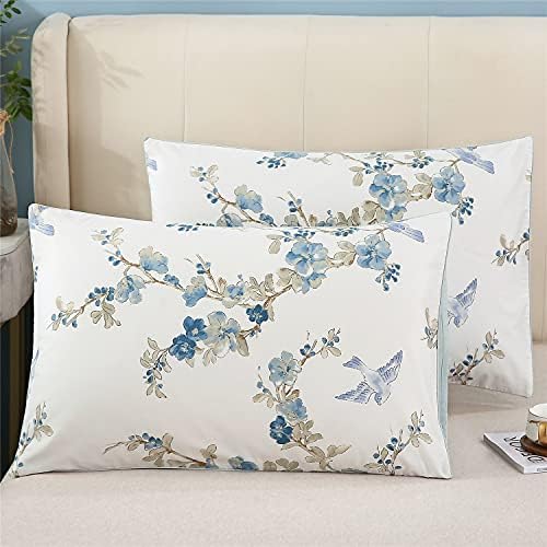 YOU SA 100% Cotton Pillowcases Pillow Cases Blue Flowers Print Pillow Covers Garden Floral Pillow Cover Set of 2 (Queen Size, 20x30 Inches)