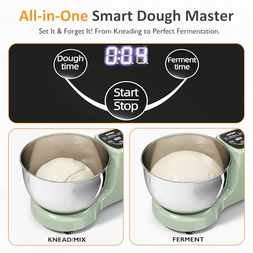 Image of Sunvivi Electric Dough Maker with Ferment Function, 5.3QT Dough Mixer with Adjust Time, Household Stand Mixer Kitchen Flour Kneading Machine, LED Touch Panel, 304 Stainless Steel Bowl, Green