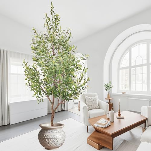 Faux Olive Tree 7 Feet, Fake Olive Trees Artificial Indoor, Large Tall Realistic Faux Tree Indoor Artificial Plant Perfect for Home, Office, Living Room, Staircase, and Store Decor.(7ft