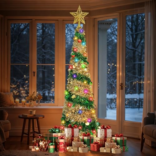 CAUTIOUS 160cm Albero di Natale Pieghevole, Albero di Natale Pop Up con Luci Led,20 Palla Rossa e Bianca, Oro e Verde Alberi di Natale Gia Pronto per Decorazioni di Natale, Casa, Ufficio Decorazione